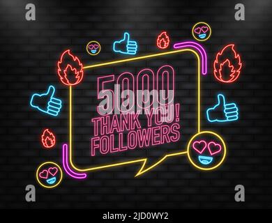 Danke 5000 Follower auf gelbem Hintergrund. Weißer Hintergrund. Vektordesign. Flaches Design. Soziale Medien. Stock Vektor