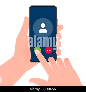 Die Hand hält das Telefon, während der ankommende Videoanruf auf dem Bildschirm auf grünem Hintergrund angezeigt wird. Vektorgrafik. Stock Vektor