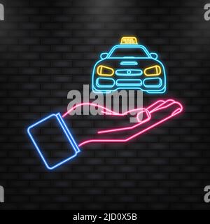 Neonsymbol. taxi mit 3D Zeichen auf hellem Hintergrund. Gelbes Cartoon-Symbol auf schwarzem Hintergrund. Business-Vektor-Symbol. Geschäftskonzept. Stock Vektor