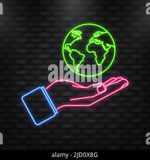 Neonsymbol. Vektor Planet Erde Symbol mit der Hand. Symbol für den flachen Planeten Erde. Stock Vektor