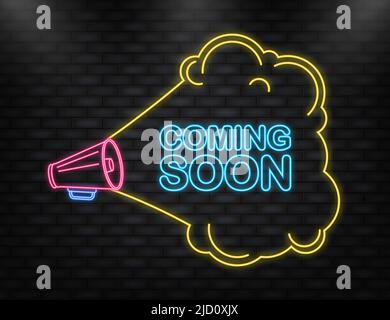 Demnächst erhältlich: Gelbes Megaphon-Banner im Stil von 3D auf weißem Hintergrund. Vektorgrafik Stock Vektor