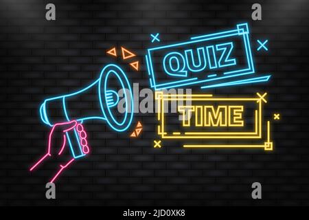 Neonsymbol. Quiz blaues Banner im Stil 3D auf weißem Hintergrund. Vektorgrafik Stock Vektor