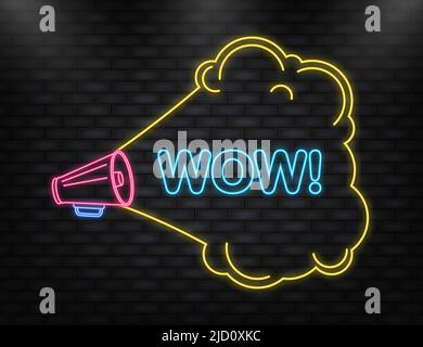 Neonsymbol. Blaues Megaphon-Banner mit Wow-Schild. Vektorgrafik. Stock Vektor