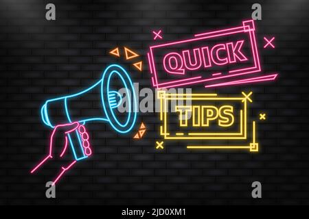 Neonsymbol. Blaues Megaphon-Banner mit Quick Tips-Schild. Vektorgrafik Stock Vektor
