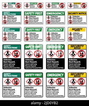 Sicherheitsetikett, Asbeststaub, Gefahr Durch Krebs Und Lungenerkrankungen, Nur Autorisiertes Personal Stock Vektor