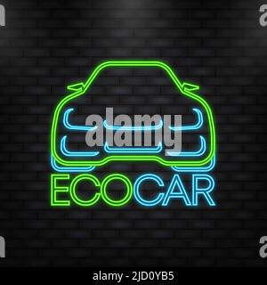Neonsymbol. Banner mit grünem Öko-Auto. Ökologisches Konzept. Stromversorgung. Umweltfreundliches Transportkonzept Stock Vektor