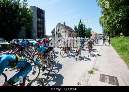 Ptuj, Slowenien. 16.. Juni 2022. Eine allgemeine Ansicht des Feldes, das während der 28. Tour of Slovenia, 2. Etappe, einer 174,2km Etappe zwischen Ptuj und Rogaska Slatina konkurriert. Kredit: SOPA Images Limited/Alamy Live Nachrichten Stockfoto