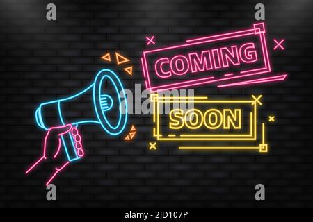 Neonsymbol. Demnächst erhältlich: Gelbes Megaphon-Banner im Stil von 3D auf weißem Hintergrund. Vektorgrafik Stock Vektor