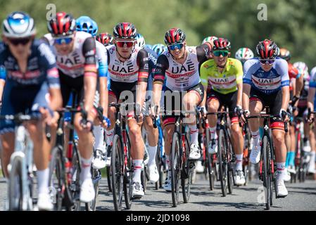 Dole, Slowenien. 16.. Juni 2022. (L-R) Pascal Ackermann aus Deutschland, Rafal Majka aus Polen und Tadej Pogacar aus Slowenien und dem Team Emirates der Vereinigten Arabischen Emirate treten bei der Tour of Slovenia 28., der 2.. Etappe, einer 174,2km. Etappe zwischen Ptuj und Rogaska Slatina an. (Foto von Milos Vujinovic/SOPA Images/Sipa USA) Quelle: SIPA USA/Alamy Live News Stockfoto