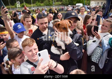 Lviv, Ukraine. 1.. Juni 2022. Kinder werden mit dem berühmten Sapper-Hund Patron bei einem Besuch in Lviv fotografiert Patron ist ein ukrainischer explosiver Sniffer-Hund, Jack Russell Terrier, Maskottchen des Ukrainischen Notstands-Dienstes, der während des russisch-ukrainischen Krieges große Popularität erlangte. Nach Angaben des Staatlichen Notdienstes der Ukraine hatte Patron bis März 19 bei der Entdeckung von mehr als 90 Sprengkörpern geholfen, die von russischen Truppen installiert wurden. (Bild: © Pavlo Palamarchuk/SOPA Images via ZUMA Press Wire) Stockfoto