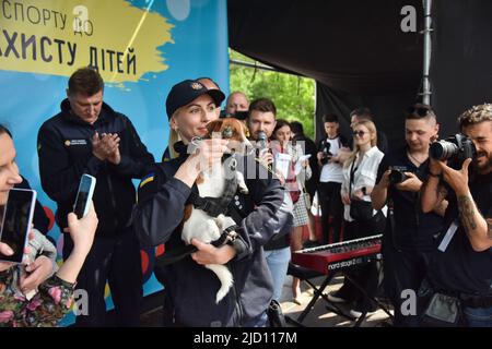 Lviv, Ukraine. 1.. Juni 2022. Der berühmte Sapper-Hund Patron, der bei einem Besuch in Lviv Patron gesehen wurde, ist ein ukrainischer explosiver Sniffer-Hund, Jack Russell Terrier, Maskottchen des Ukrainischen Notstands-Dienstes, der während des russisch-ukrainischen Krieges große Popularität erlangte. Nach Angaben des Staatlichen Notdienstes der Ukraine hatte Patron bis März 19 bei der Entdeckung von mehr als 90 Sprengkörpern geholfen, die von russischen Truppen installiert wurden. (Bild: © Pavlo Palamarchuk/SOPA Images via ZUMA Press Wire) Stockfoto