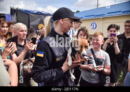 Lviv, Ukraine. 1.. Juni 2022. Kinder werden mit dem berühmten Sapper-Hund Patron bei einem Besuch in Lviv fotografiert Patron ist ein ukrainischer explosiver Sniffer-Hund, Jack Russell Terrier, Maskottchen des Ukrainischen Notstands-Dienstes, der während des russisch-ukrainischen Krieges große Popularität erlangte. Nach Angaben des Staatlichen Notdienstes der Ukraine hatte Patron bis März 19 bei der Entdeckung von mehr als 90 Sprengkörpern geholfen, die von russischen Truppen installiert wurden. (Bild: © Pavlo Palamarchuk/SOPA Images via ZUMA Press Wire) Stockfoto