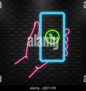 Neonsymbol. Die Hand hält das Telefon, während der eingehende Anruf auf dem grünen Bildschirm auf grünem Hintergrund angezeigt wird. Vektorgrafik Stock Vektor