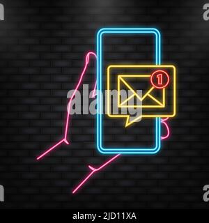Neon Icon Hand hält Telefon mit Post neue Nachricht auf blauem Hintergrund. Vektorgrafik Stock Vektor