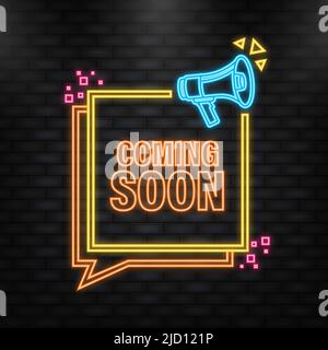 Neonsymbol. Demnächst erhältlich: Gelbes Megaphon-Banner im Stil von 3D auf weißem Hintergrund. Vektorgrafik Stock Vektor
