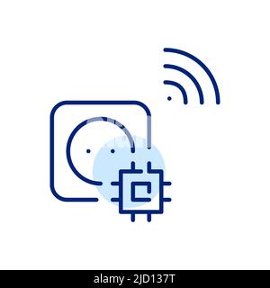 Intelligente wi-Fi-Steckdose. Internet of Things-Stecker mit Fernbedienung CPU. Pixel-perfektes, bearbeitbares Strichliniensymbol Stock Vektor