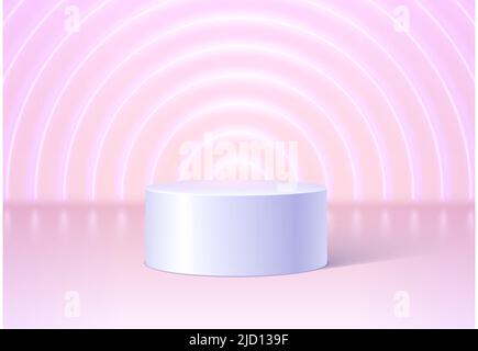 Podest oder Podium in einem leeren Raum mit Neonlicht im Hintergrund. Architektonische Abstraktion für Produktpräsentation oder Preisverleihung. Stock Vektor