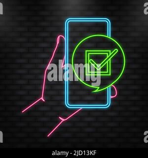 Neonsymbol. Die Hand hält das Telefon mit einem Häkchen auf dem Bildschirm auf grünem Hintergrund. Vektorgrafik Stock Vektor