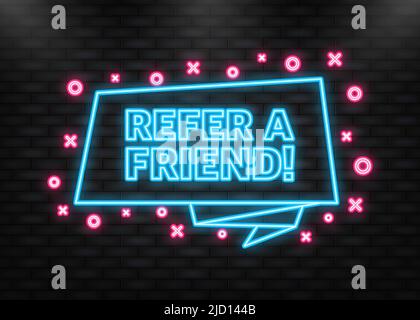 Neonsymbol. Megaphon mit Freund empfehlen. Poster in flacher Form. Vektorgrafik Stock Vektor