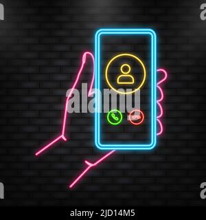 Neonsymbol. Die Hand hält das Telefon mit eingehendem Videoanruf auf dem Bildschirm auf weißem Hintergrund. Vektorgrafik Stock Vektor
