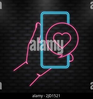 Neonsymbol. Flache Hand mit ähnem Smartphone für Marketing-Design. Symbol für das Design mobiler Apps. Mobiles Internet, soziale Medien Stock Vektor