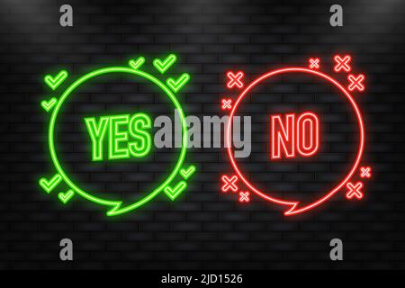 Neonsymbol. Ja oder Nein, grüne und rote Darstellung auf weißem Hintergrund. Vektorgrafik Stock Vektor