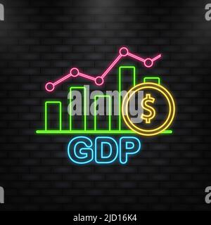 Neonsymbol mit Pfeil. GDP – Abkürzung für Bruttoinlandsprodukt. Business-Vektor-Symbol. Geschäftskonzept Stock Vektor