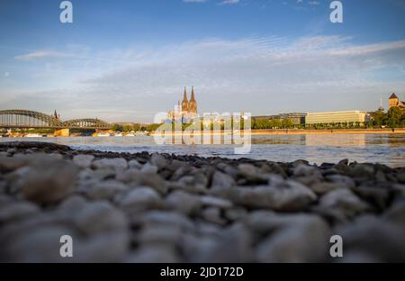 Köln, Deutschland. 17.. Juni 2022. Blick vom rechten Rheinufer in Deutz auf den Kölner Dom und die Hohenzollernbrücke. Sommertemperaturen in Nordrhein-Westfalen. Heute soll es bis zu 31 Grad erreichen. Kredit: Thomas Bandeyer/dpa/Alamy Live Nachrichten Stockfoto