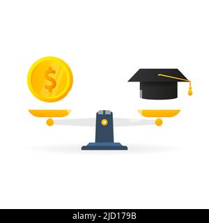 Symbol „Bildung vs. Geld auf Waage“. Geld- und Zeitguthaben nach Maß Stock Vektor