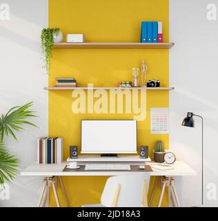 Moderne stilvolle Arbeitsplatz Computer Schreibtisch Innenarchitektur mit Desktop-Computer-Modell, Zubehör auf dem Tisch, moderne Lampe, Innen-Pflanzen-und Wandregale Stockfoto