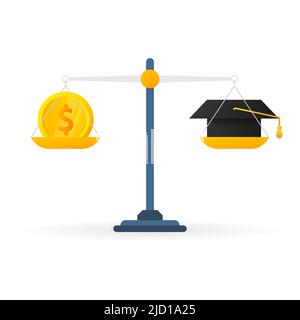 Symbol „Bildung vs. Geld auf Waage“. Geld- und Zeitguthaben nach Maß Stock Vektor