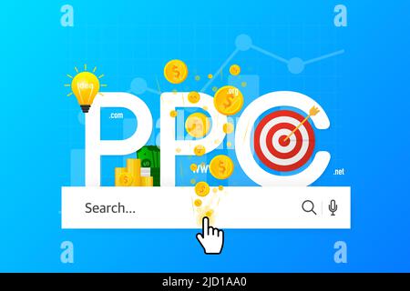 Cartoon-Illustration auf blauem Hintergrund. Abstract ppc für Marketing-Werbedesign. Isometrische Abbildung Stock Vektor