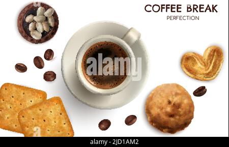 Realistisches Plakat mit Kaffeepause und Keksen mit Vektorgrafik für Perfektionssymbole Stock Vektor