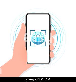 Touch ID - Vektorgrafik. Smartphone mit Fingerabdruck auf weißem Hintergrund isoliert. Stock Vektor