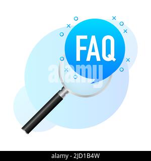 FAQ-Etikett mit häufig gestellten Fragen. Lupensymbol mit FAQ. Stock Vektor