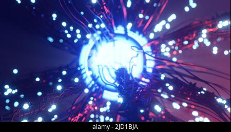 Robotermolekül mit glänzendem Kern, metallischen Strukturen und Kabeln. Kybernetisches Lebenskonzept. Abstrakter futuristischer Hintergrund. Selektiver Fokus. 3D Abb. Stockfoto
