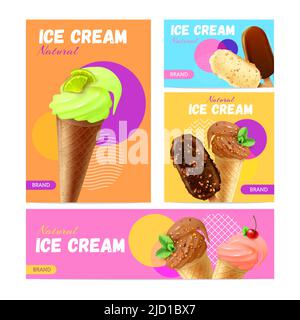 Eiscreme bunte Banner mit eskimo Kuchen und Waffelkegel gefüllt frisches Milchprodukt von verschiedenen Geschmacksrichtungen Vektor-Illustration gesetzt Stock Vektor