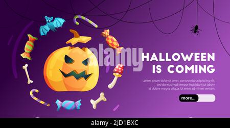 Halloween Feier bunte Web-Banner Landing Page mit Kürbis Kopf Fledermaus Knochen Komposition lila Hintergrund Vektor Illustration Stock Vektor