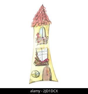 Nettes Haus, Aquarell Skizze Stil mit grafischen Elementen, Cartoon. Illustration eines isolierten Objekts aus einer großen Serie VON PARIS. Für das Design, desi Stockfoto
