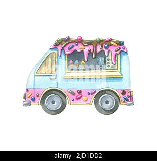 Ein Van mit Eis, Frosting und Süßwaren bestreut. Niedliches isoliertes Objekt, Aquarell aus einem großen EISDIELE. Für Dekoration, Design und Co Stockfoto