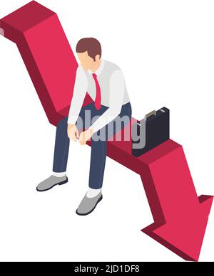 Professionelle Burnout Depression Frustration isometrische Zusammensetzung mit Business Worker Charakter sitzt auf Pfeil nach unten Vektor-Illustration Stock Vektor