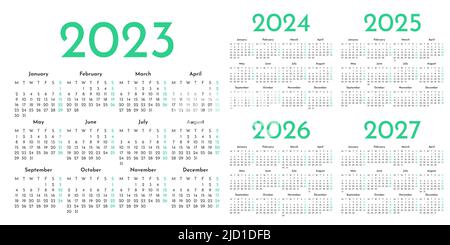 Set aus grünen und weißen Monatskalendervorlagen für 2023, 2024, 2025, 2026, 2027 Jahre. Die Woche beginnt am Montag. Album Layout Kalender in einem minimalistischen Stock Vektor