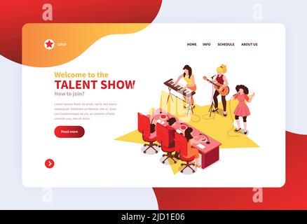 Gemeinsames Talent Show Concept isometrisches horizontales Webbanner mit Rockband-Teilnehmern, die vor den Richtern auftreten Vektordarstellung Stock Vektor