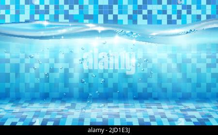 Unterwasserwelle in Pool realistische Komposition mit Blick auf Wasserwelle mit Fliesenboden und Wänden Vektorgrafik Stock Vektor