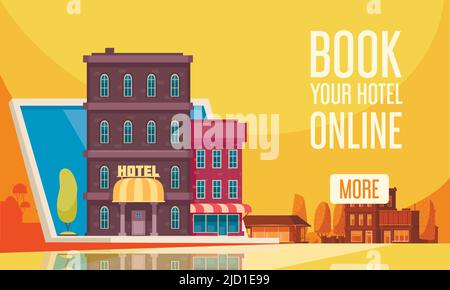 Flat Reise Buchung Herberge Zusammensetzung mit buchen Sie Ihr Hotel online und mehr Button-Vektor Illustration Stock Vektor