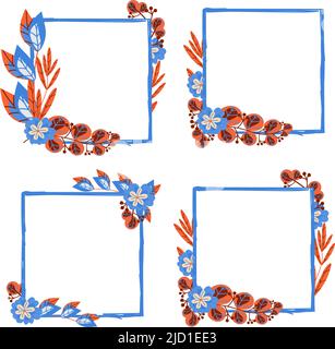 Set von Rahmen mit ausgefallenen Blumen und Zweigen, handgezeichnete Elemente im Cartoon-Stil. Blumen. Vorlagen für Postkarten. Vektorbilder von Pflanzen auf weiß b Stock Vektor