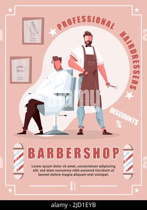 Barbershop vertikales Banner mit Rabatt hinzufügen und professionelle Friseur Charakter macht Mode Haarschnitt zu männlichen Kunden flache Vektor-Illustration Stock Vektor