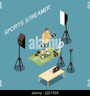 Sport Streamer Training mit Kurzhanteln live 3D isometrische Vektor-Illustration Stock Vektor