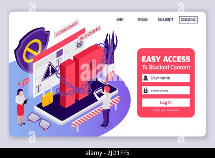 Blockierter Zugriff auf Webseiten Internet-Zensur Umgehung isometrischen Website-Design mit verketteten ip-Adresse Login Vektor Illustration Stock Vektor