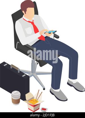 Professionelle Burnout Depression Frustration isometrische Zusammensetzung mit Business Worker starren auf Smartphone mit Junk-Food-Vektor-Illustration Stock Vektor